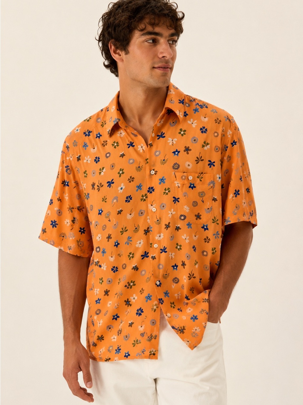 Riscatto Vintage Men’s Orange Floral Rayon Shirt Large